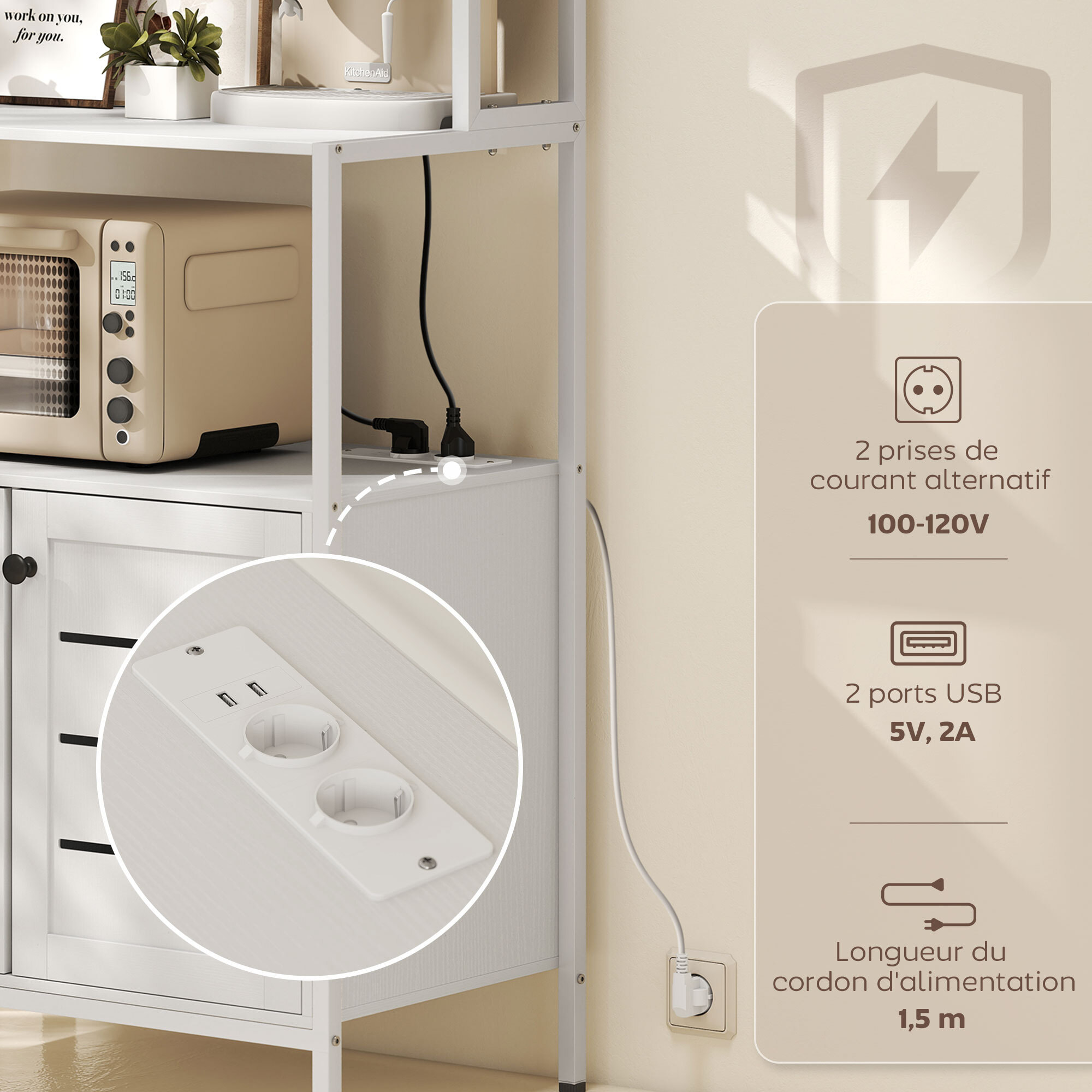 Meuble cuisine avec multiprise - meuble micro-onde - étagère de cuisine - dim. 80 x 42 x 171 cm - acier métal blanc