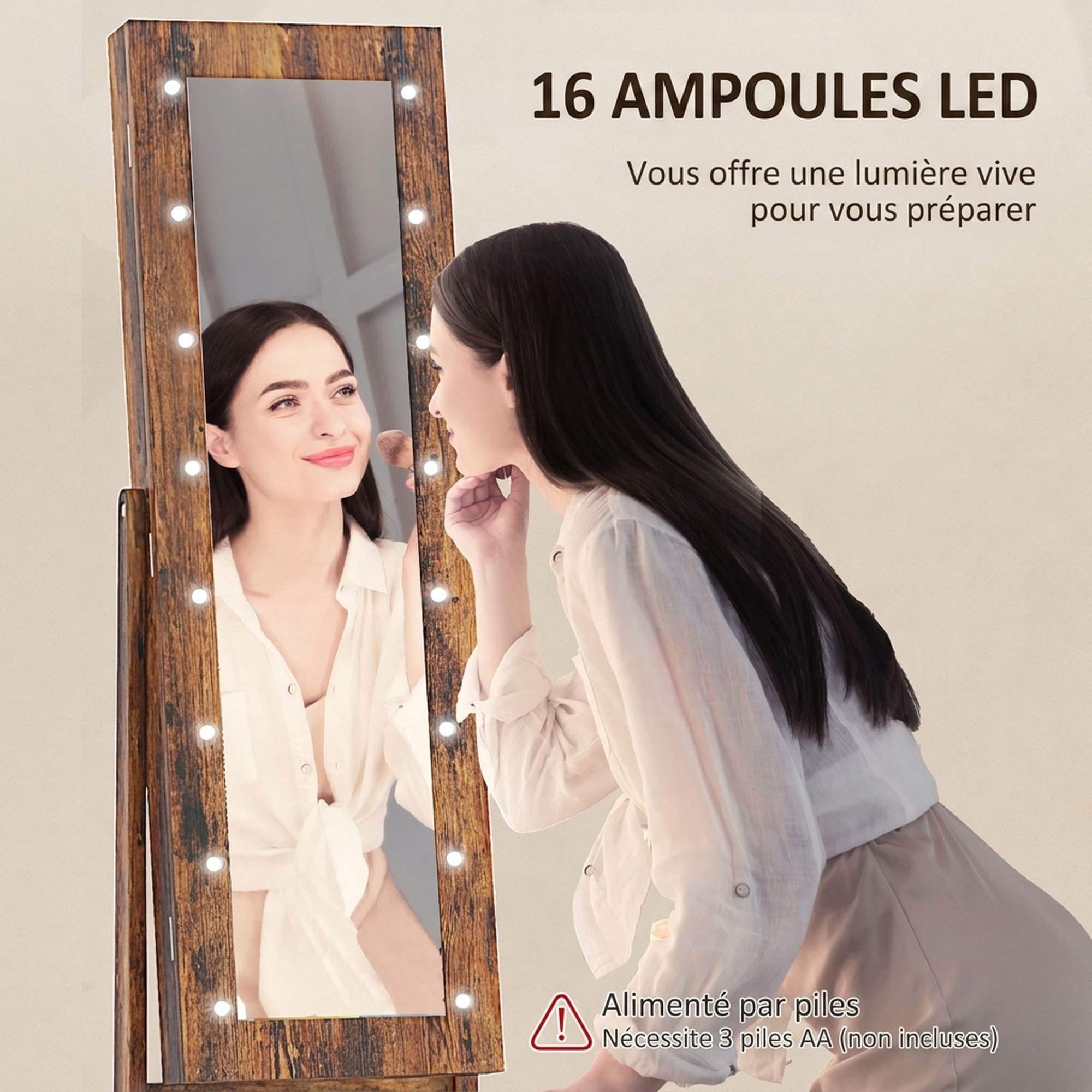 Armoire à bijoux sur pieds avec miroir multi-rangement éclairage LED effet bois vieilli