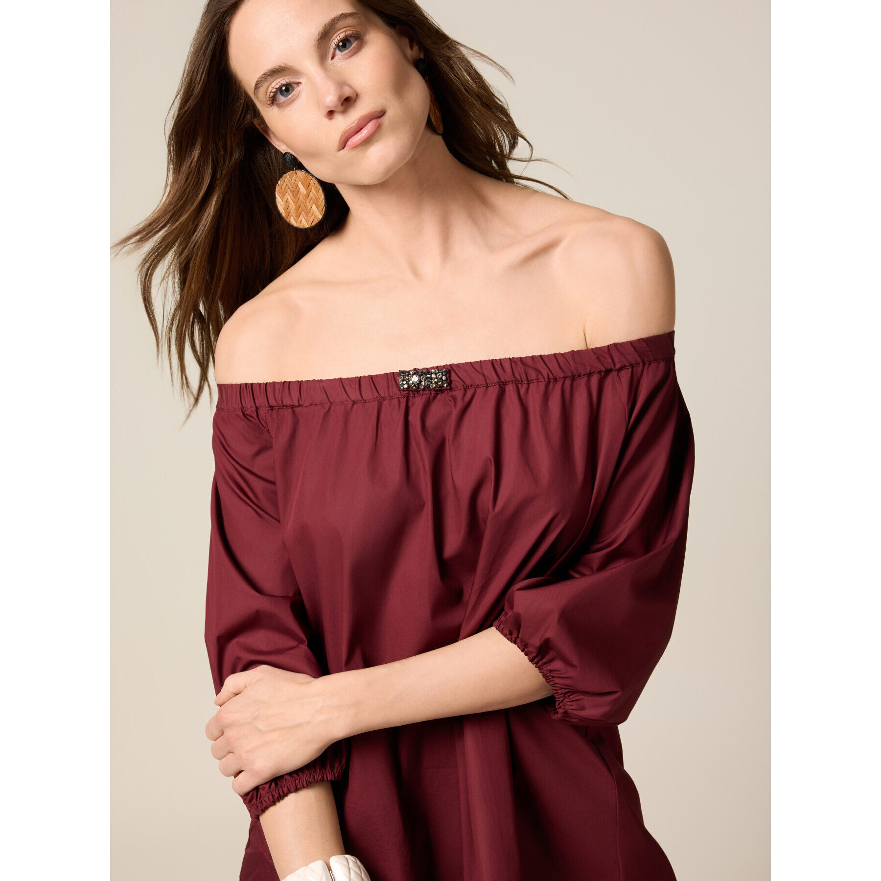 Oltre - Blusa off shoulders in cotone - Bordeaux