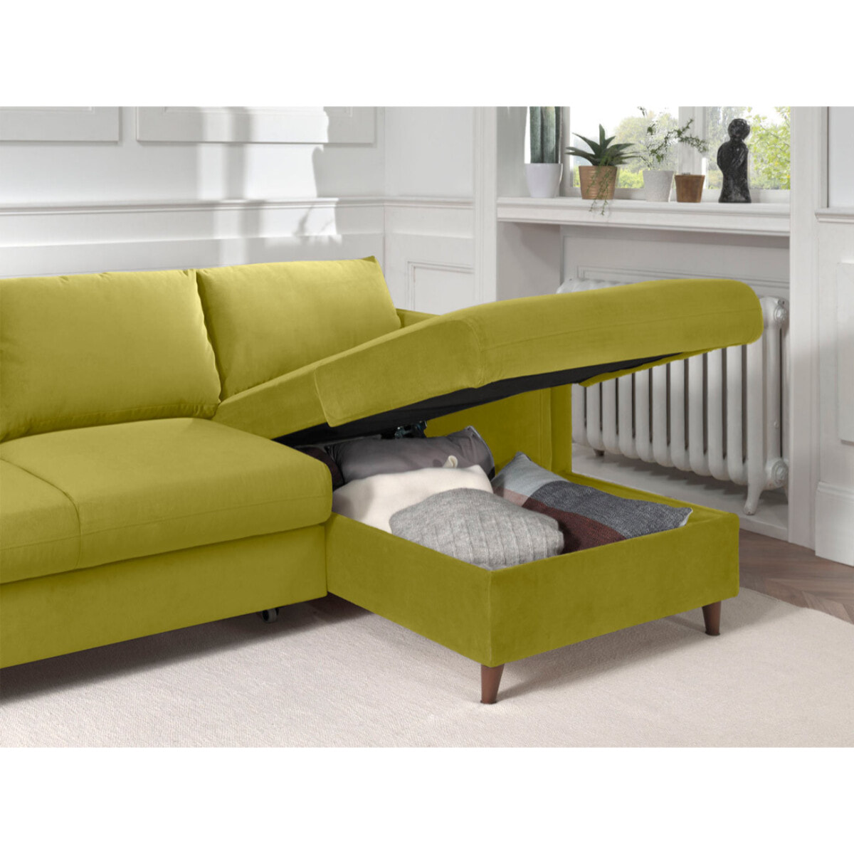 Brooke - canapé d'angle droit - convertible avec coffre - 4 places - en velours - Vert Olive