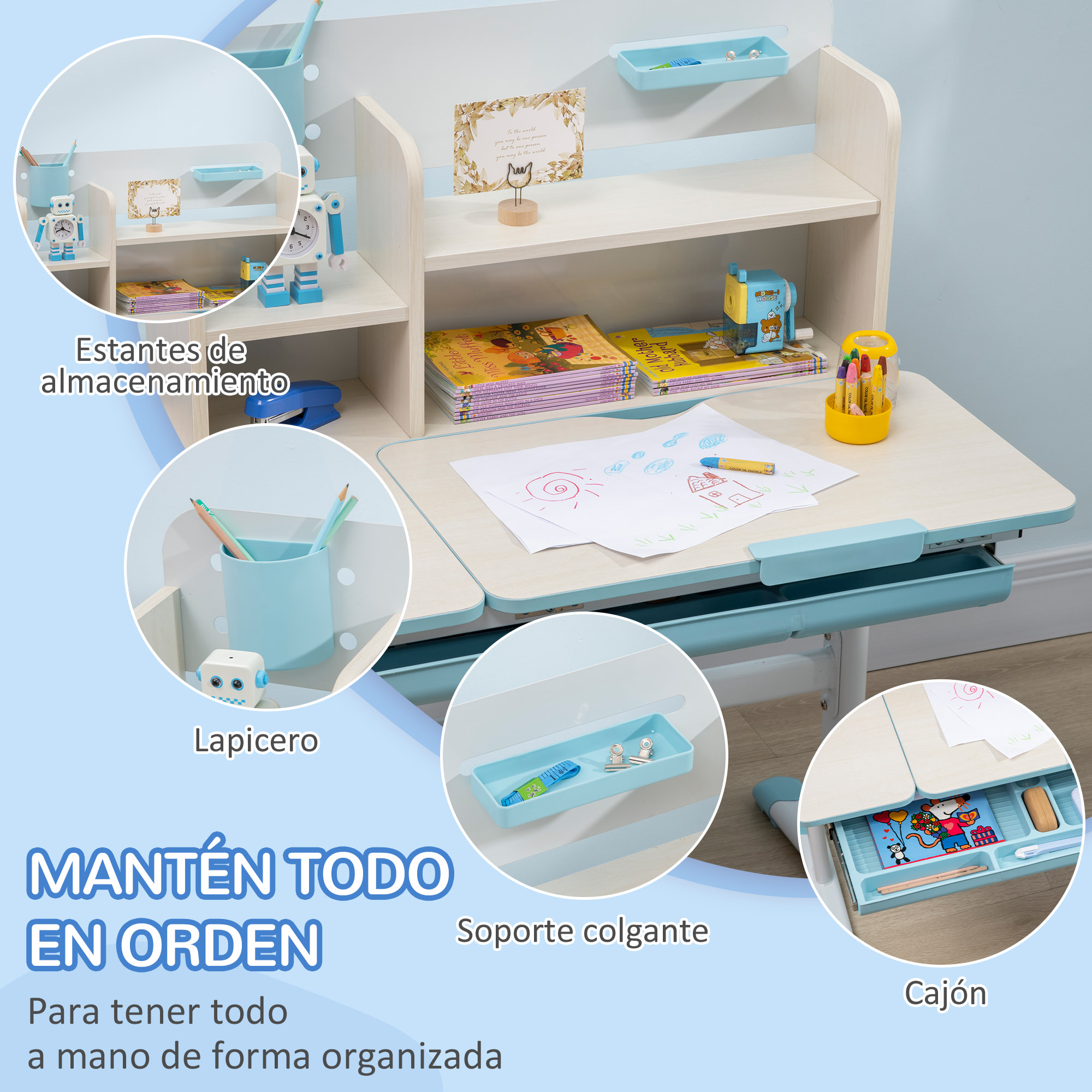 Juego de Escritorio y Silla para Niños de +3 Años con Altura Ajustable Azul