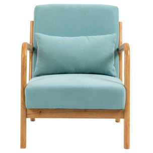 Fauteuil lounge - 3 coussins inclus - assise profonde - accoudoirs - structure bois hévéa - aspect velours turquoise