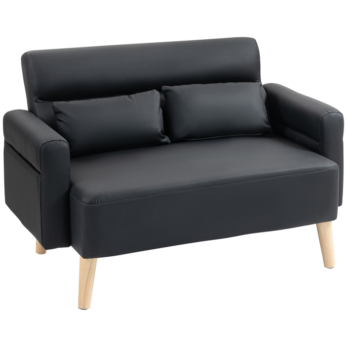 Sofá de 2 Plazas Tapizado en Cuero Sintético Sofá de Salón de 117 cm con Reposabrazos Acolchado Grueso Respaldo Acanalado y Patas de Madera para Dormitorio Sala de Estar Negro