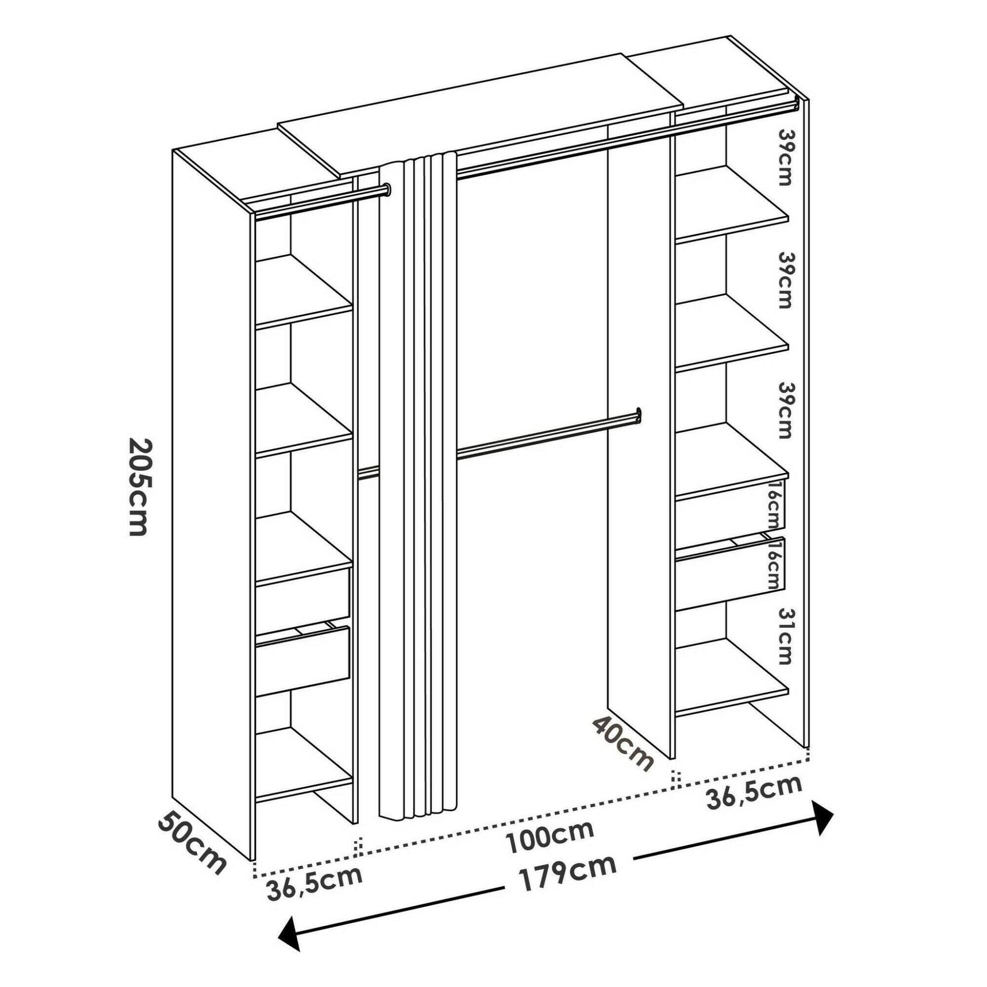 Guardaroba Resegone, Struttura per cabina armadio, Mobile appendiabiti aperto, 180x50h205 cm, Rovere e Antracite