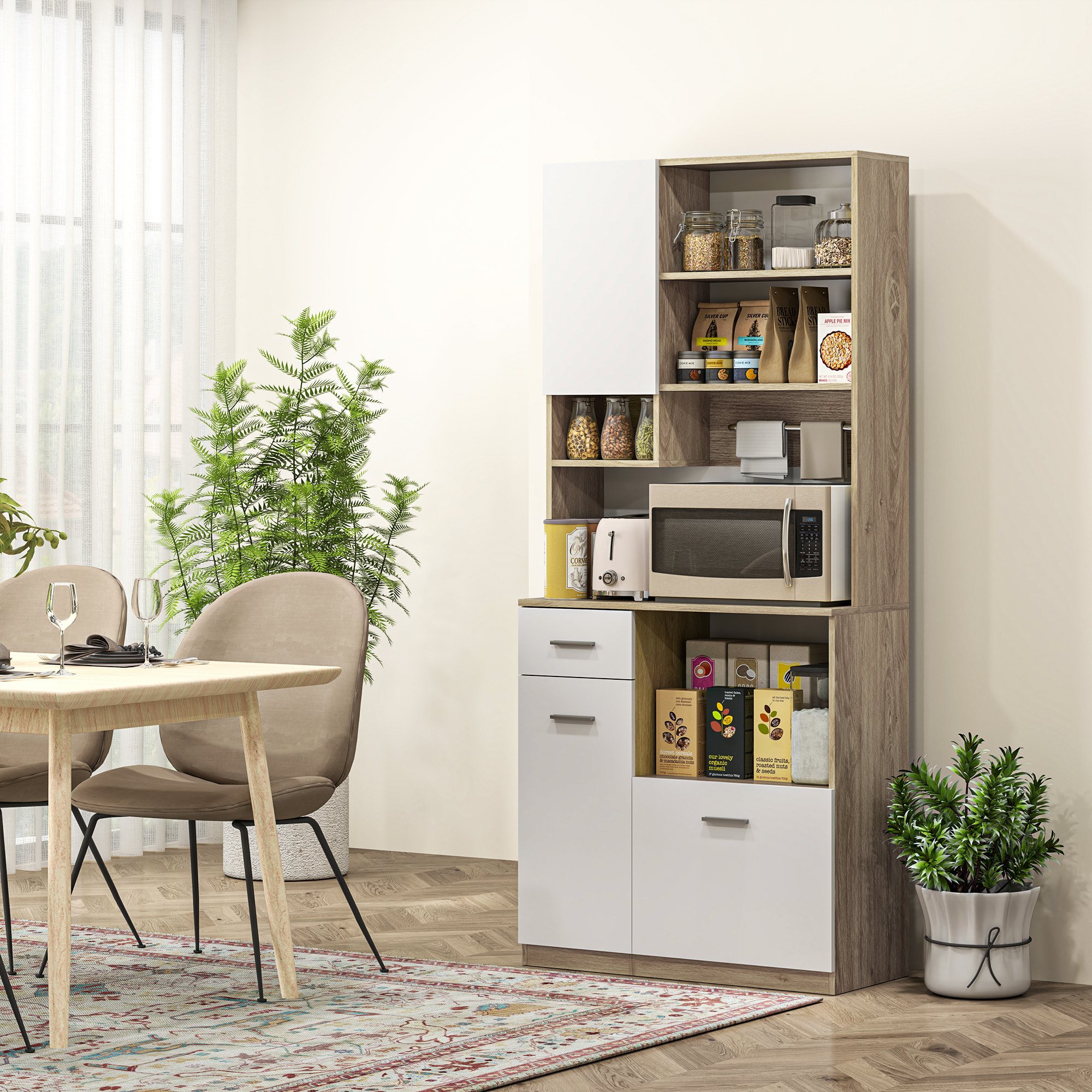 Buffet haut de cuisine - 3 portes, 2 étagères, 4 niches, tiroir, grand plateau - blanc effet bois