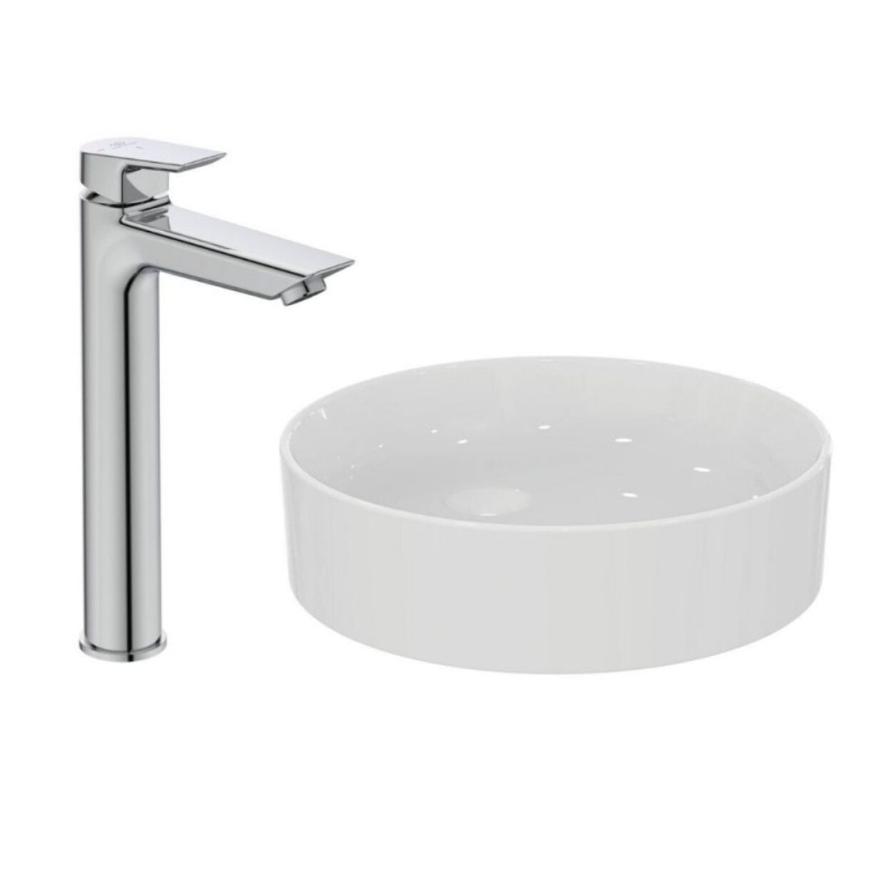 IDEAL STANDARD Lot Vasque à poser ronde Conca 45 cm blanche + Mitigeur lavabo réhaussé Tesi chrome