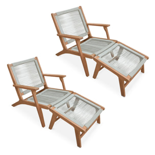 Lot de 2 fauteuils relax taupe en eucalyptus. corde. avec repose-pieds