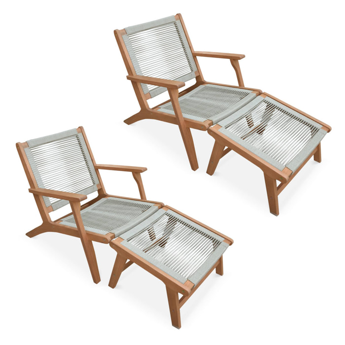 Lot de 2 fauteuils relax taupe en eucalyptus. corde. avec repose-pieds