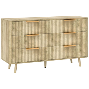 Commode 6 tiroirs effet bois façades cannelées poignées métal doré