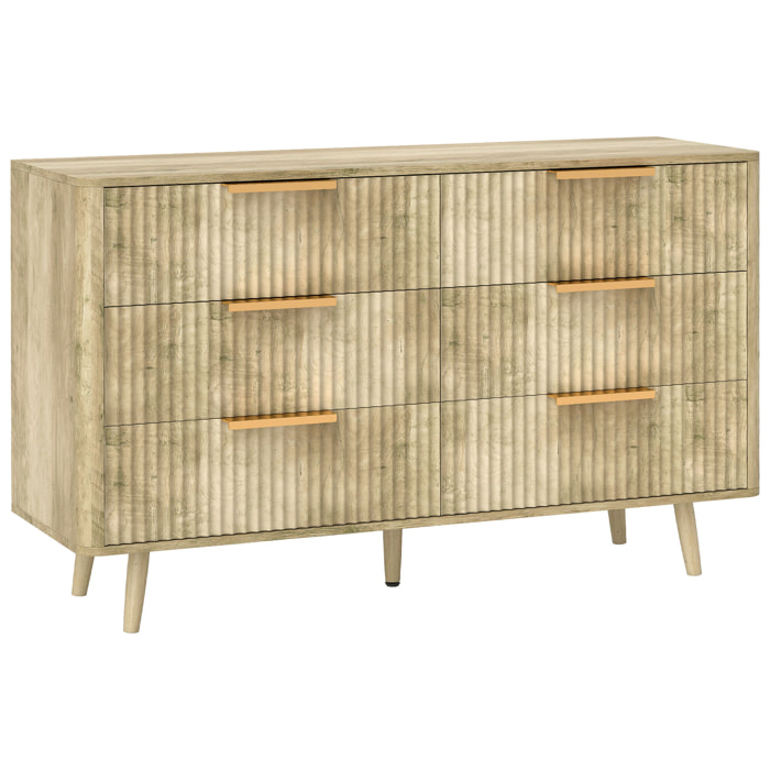 Commode 6 tiroirs effet bois façades cannelées poignées métal doré