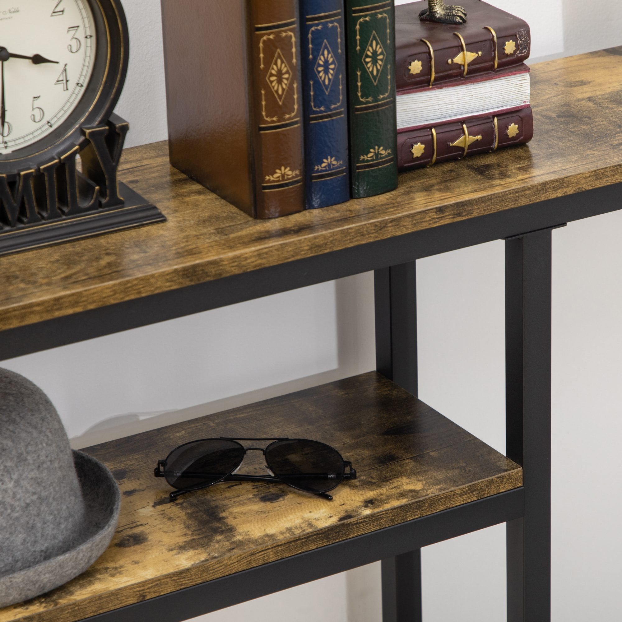 Console design industriel 2 étagères acier noir panneaux aspect bois vieilli