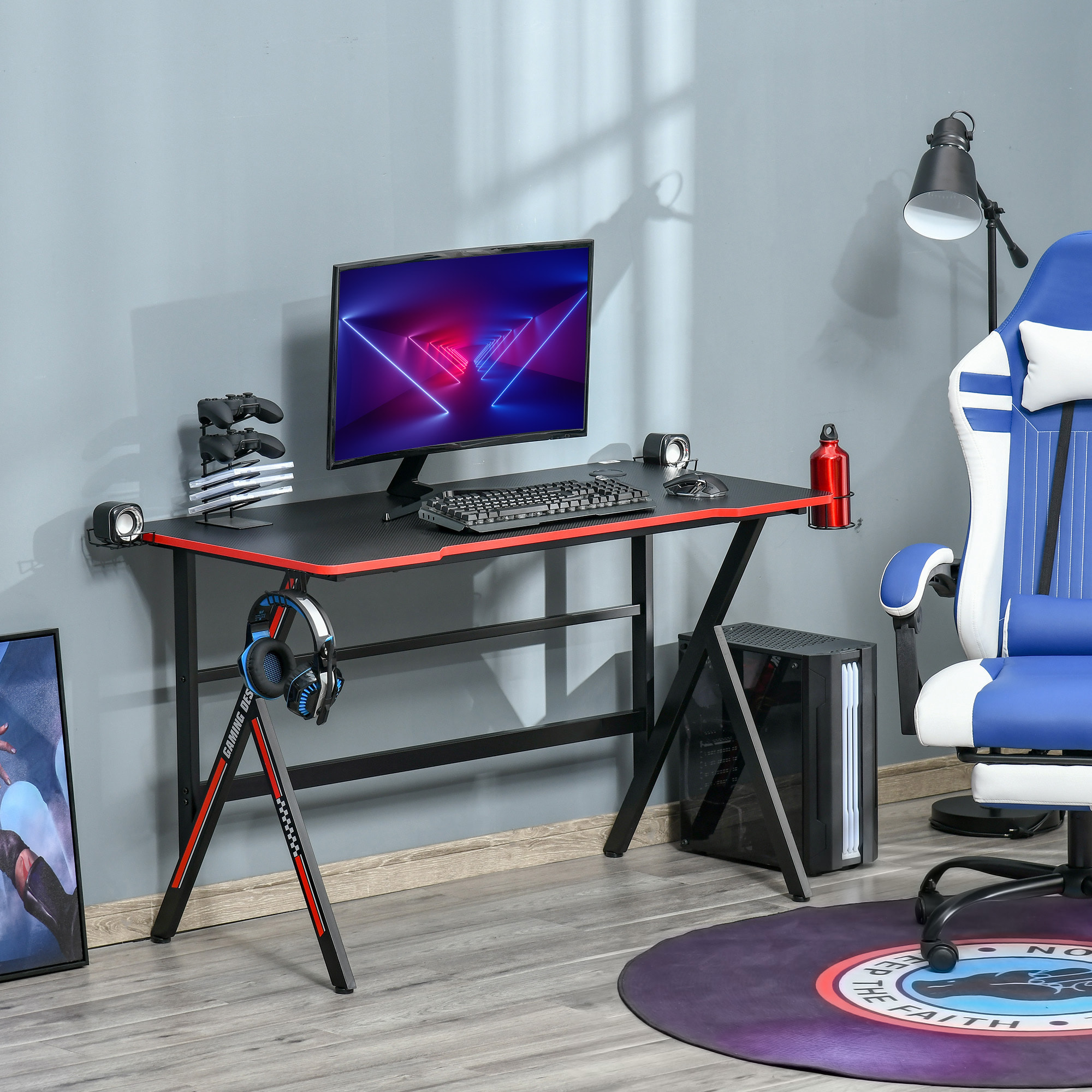 HOMCOM Bureau gaming racing bureau gamer bureau informatique bracket supports casque enceintes porte-gobelet métal plateau MDF texture carbone rouge noir