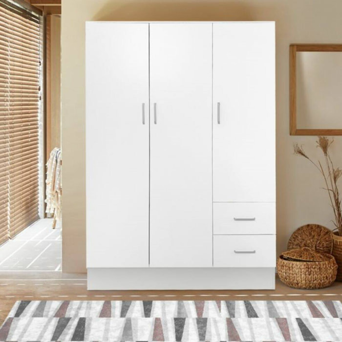 Guardaroba 3 ante Anci, Mobile camera da letto, Cabina armadio chiusa, Armadio appendiabiti a 3 ante e 2 cassetti, 120x50h170 cm, Bianco