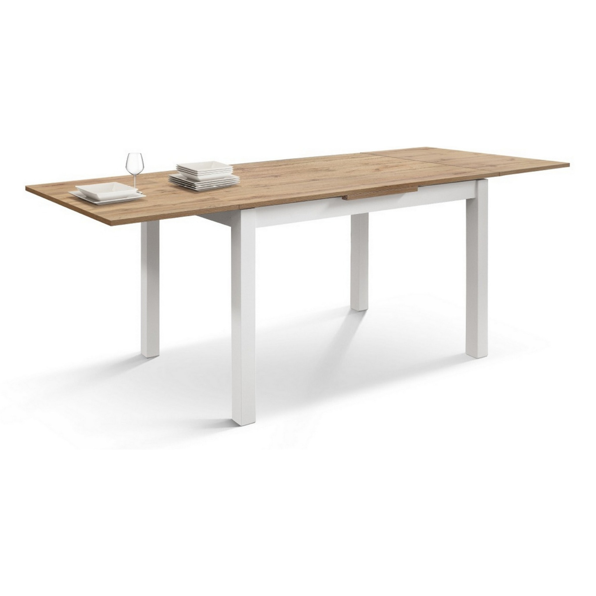 Tavolo POSITANO in legno effetto rovere e gambe bianche, allungabile 110x70 cm – 190x70 cm