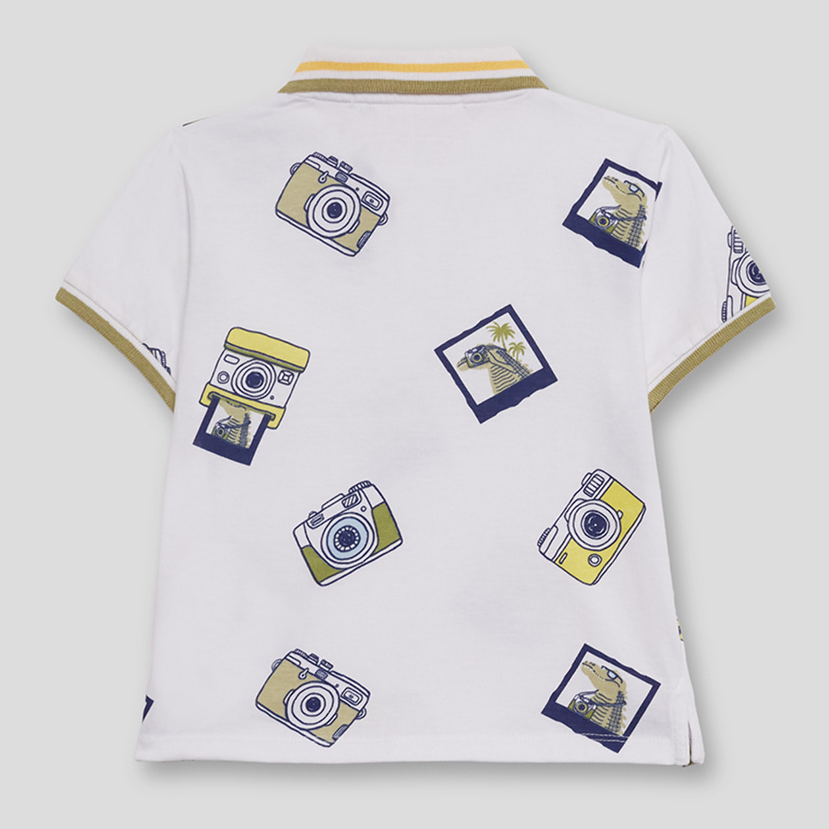 Polo Niño Blanco con Estampado de Cámaras y Detalles en Amarillo y Azul 100% Algodón | Color: Estampado | Street Monkey