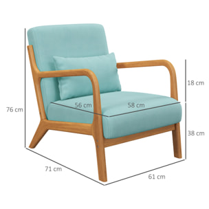 Fauteuil lounge - 3 coussins inclus - assise profonde - accoudoirs - structure bois hévéa - aspect velours turquoise