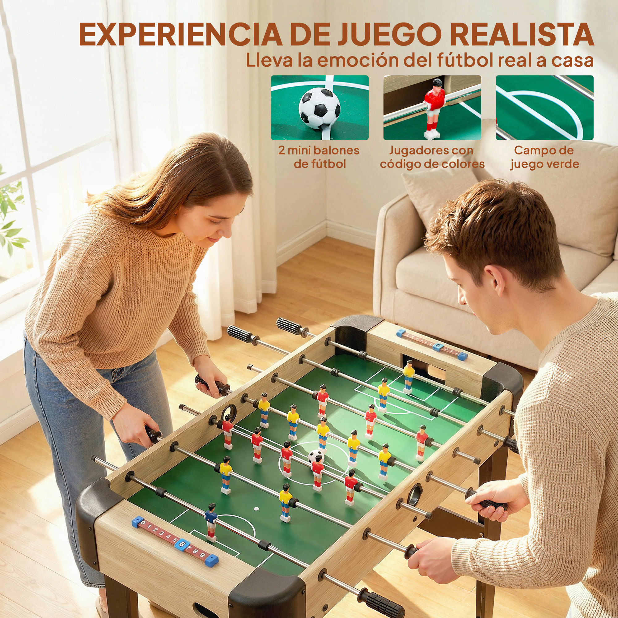 Futbolín para Niños de Madera, Mesa de Futbolín con 2 Marcadores, 8 Asas, 22 Jugadores, 8 Barras y 2 Bolas, Regalo para Adultos, Familias, Fiestas, 92x75x71 cm, Natural