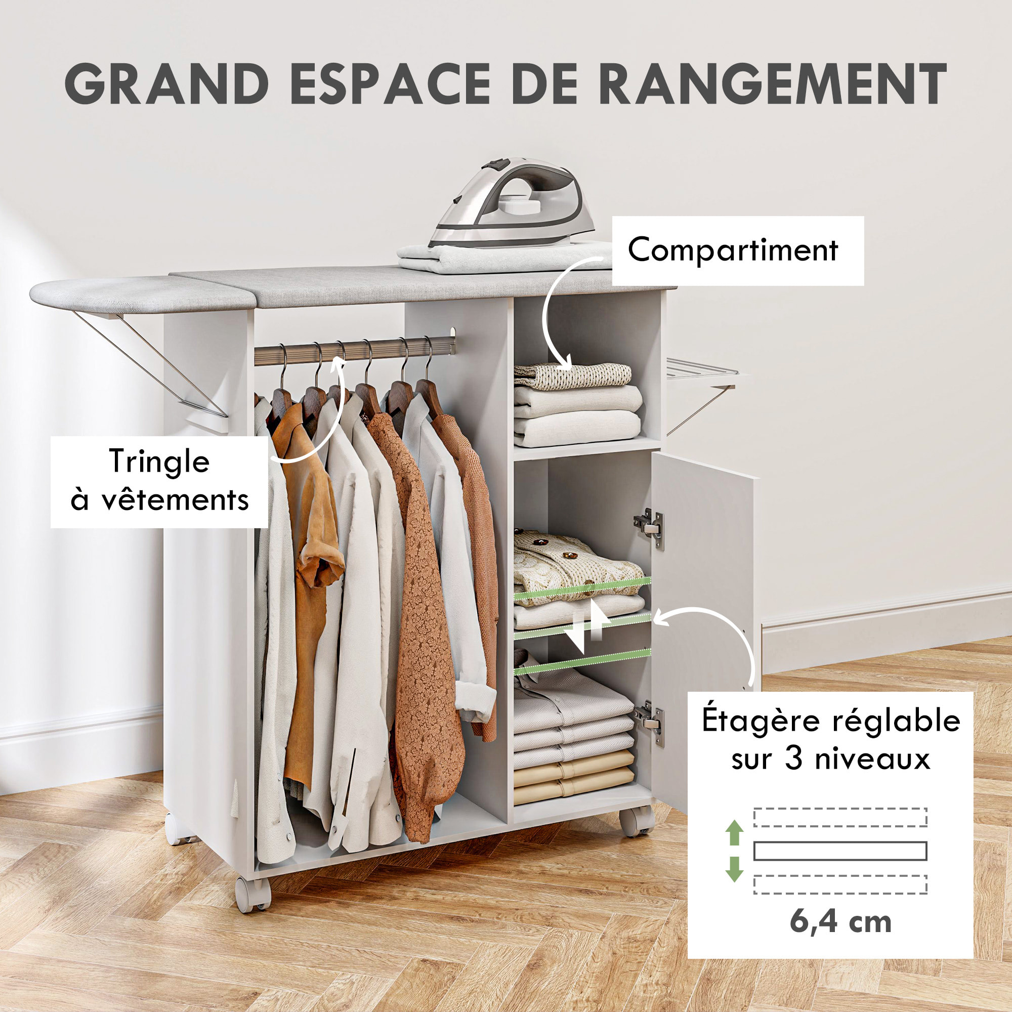 Armoire à repasser pliante sur roulettes avec étagère réglable et barre de suspension – 127 x 42,5 x 99 cm – Blanc