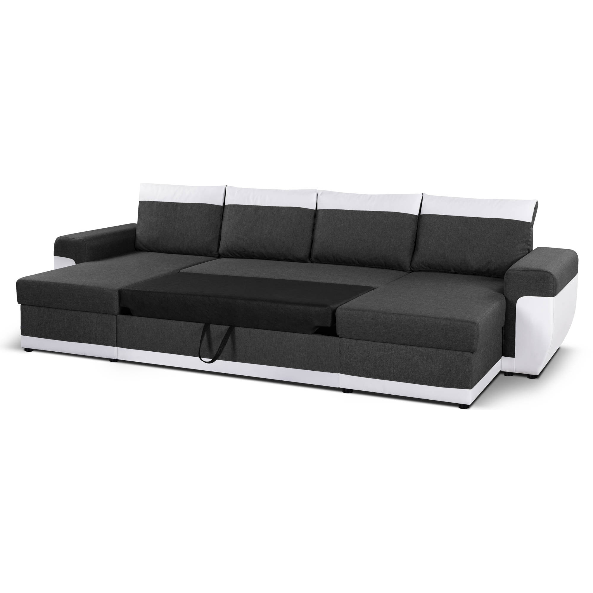 Milan - Canapé d'angle panoramique - convertible - 7 places - 2 coffres de rangement - Blanc / Gris