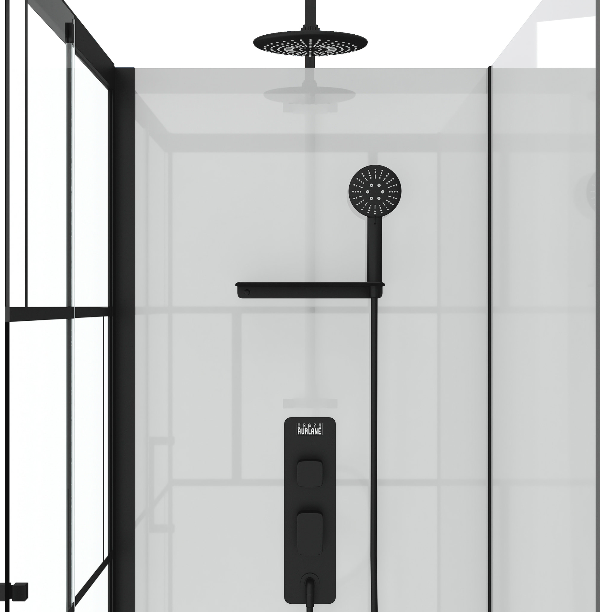Cabine de douche 110x80cm / Receveur Haut - Verre transparent sérigraphié et Blanc - Profilés Noir