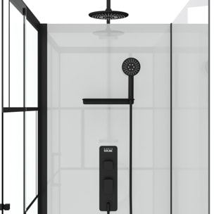 Cabine de douche 110x80cm / Receveur Haut - Verre transparent sérigraphié et Blanc - Profilés Noir