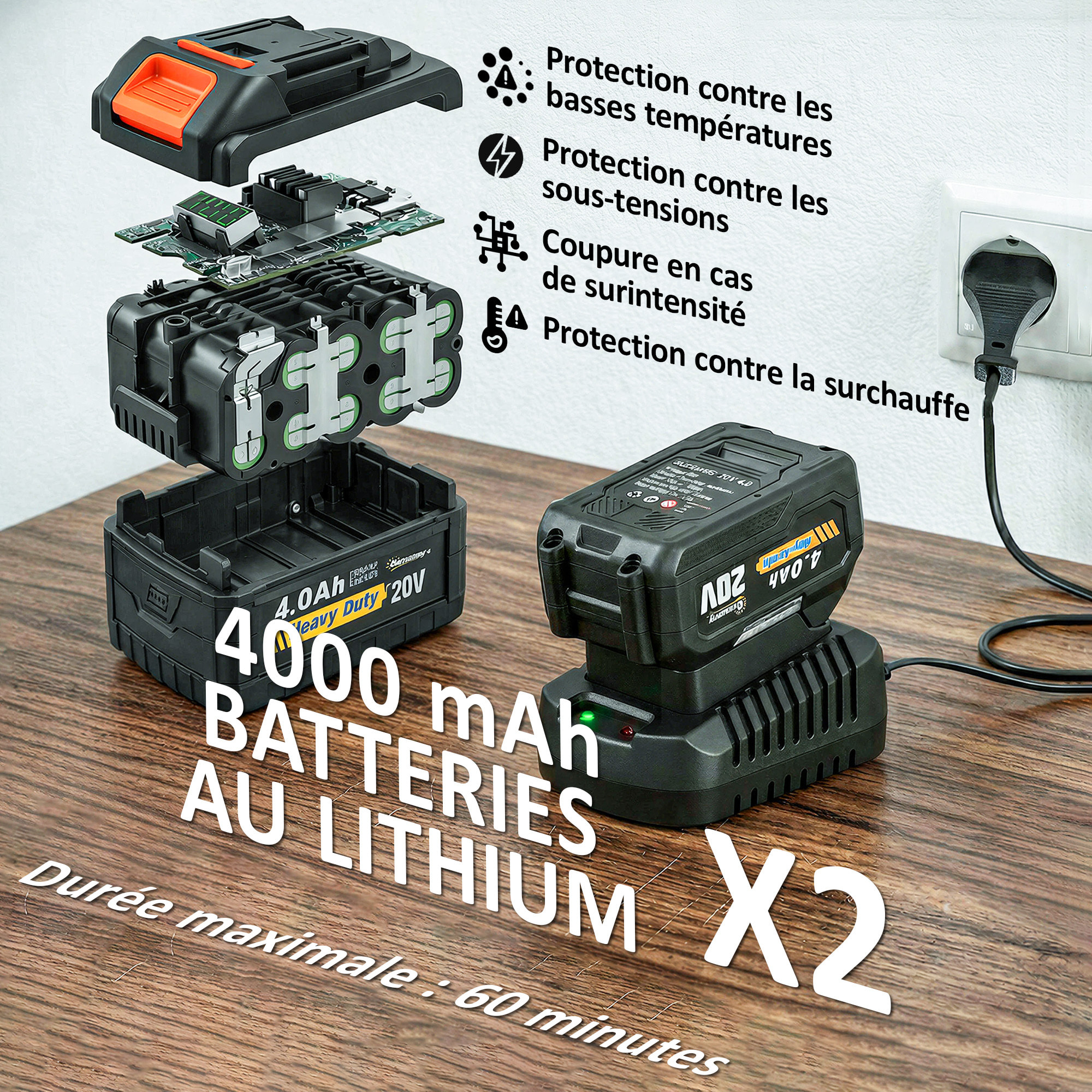 Taille-haies télescopique sans fil 100W 2 batteries lame asymétrique double action 51 cm orange