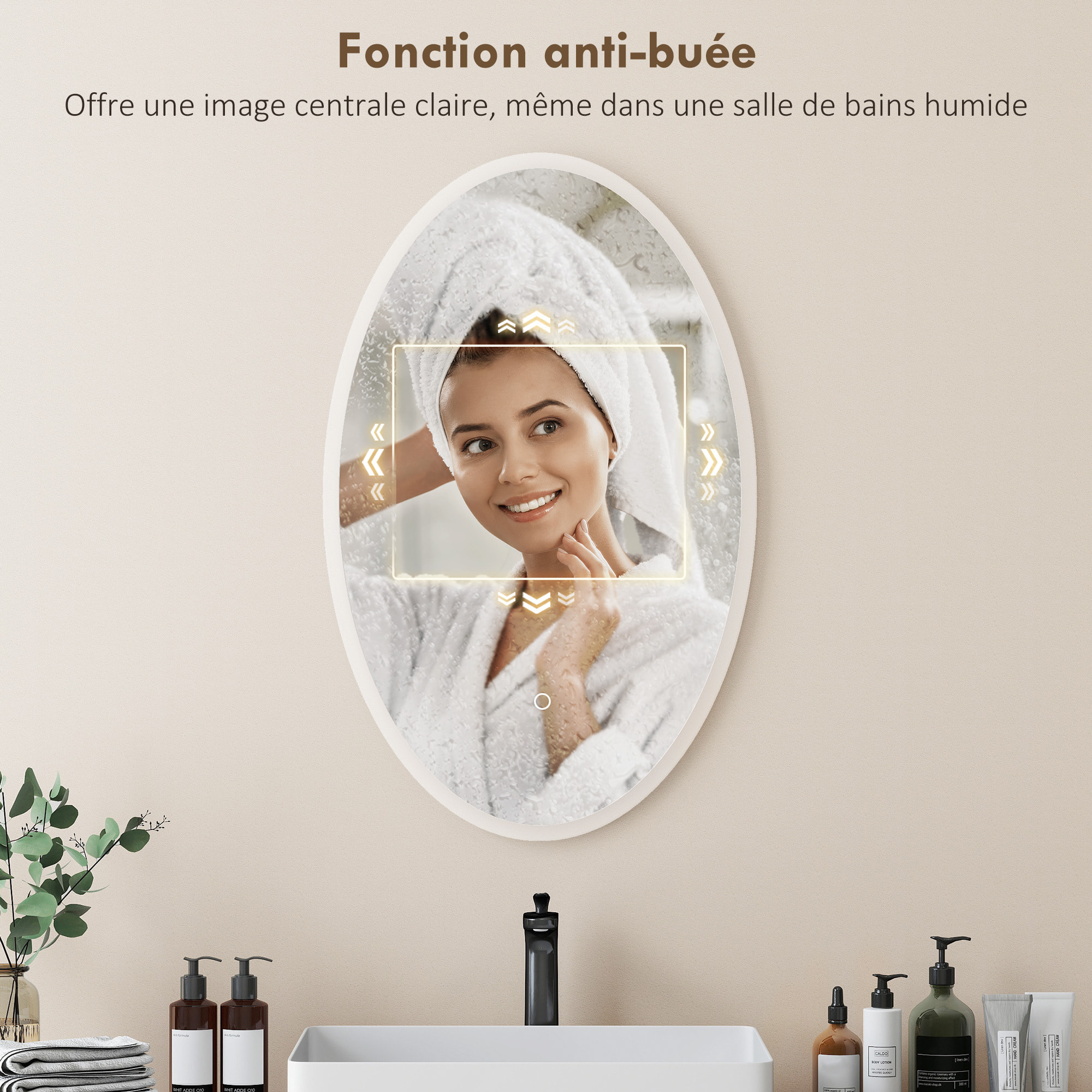 Miroir salle de bain LED design ovale 50 x 80 cm anti-buée dimmable tactile réglable verre trempé