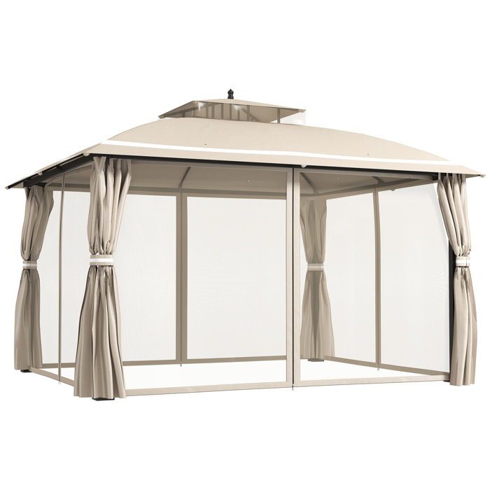 Cenador para Jardín 3,7x3 m Pérgola de Jardín Gazebo con Doble Techo Paredes Laterales Mosquiteras Resistente al Agua Anti-UV Carpa para Exterior Terraza Patio Beige