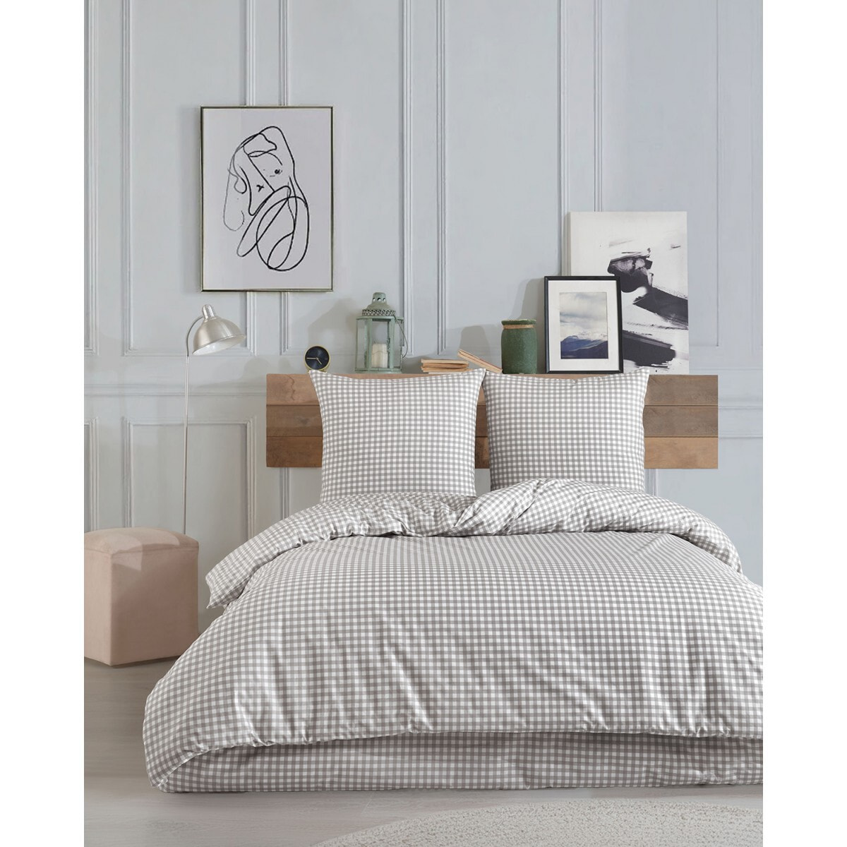Housse de couette + taie(s) oreiller "Vichy gris" 100% coton imprimé.