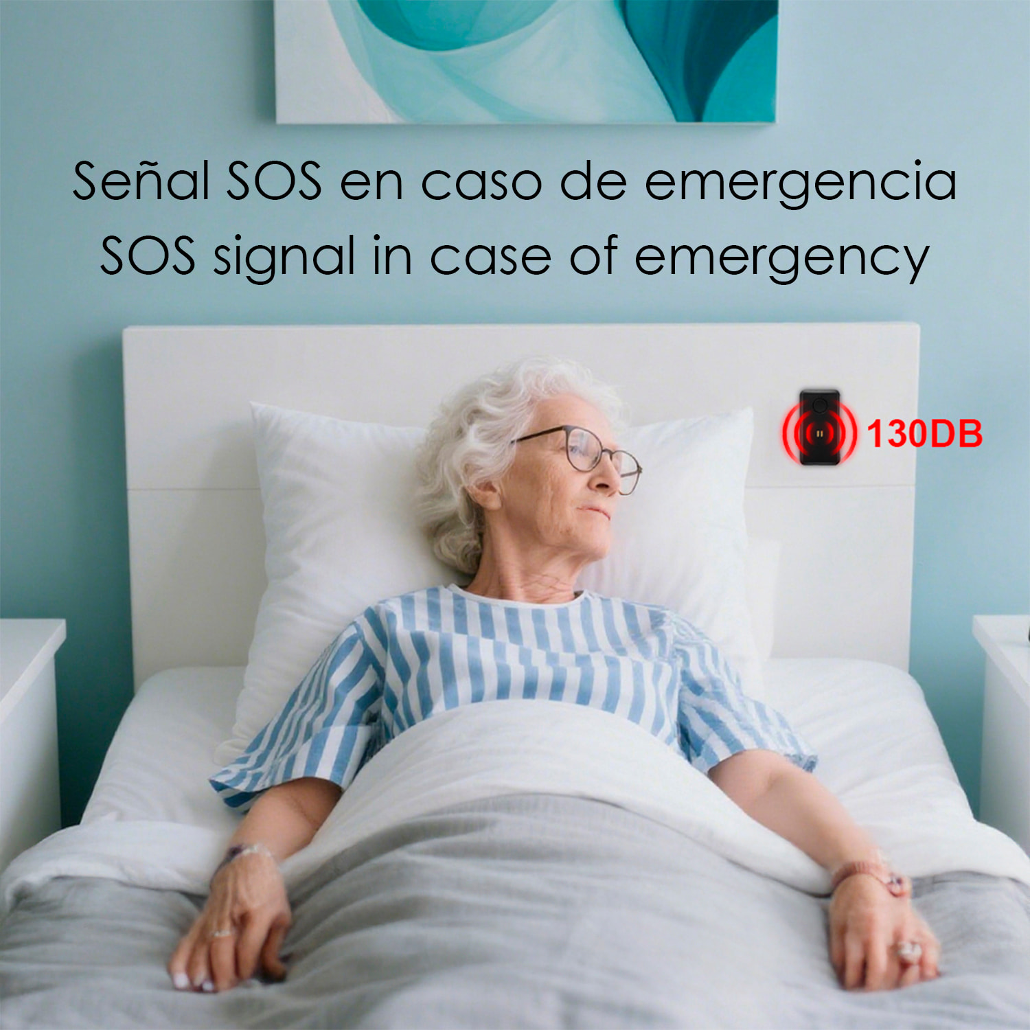 Allarme SOS personale con suono di 130dB. Batteria ricaricabile con fino a 90 minuti di suono continuo.