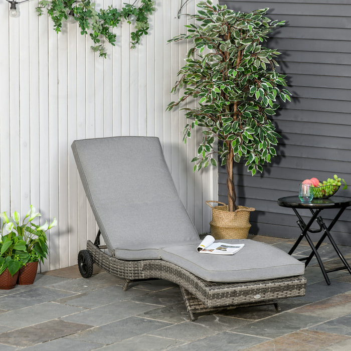 Tumbona de Ratán Reclinable Tumbona de Jardín en Forma de S con 2 Ruedas Respaldo Ajustable en 5 Posiciones y Cojín Extraíble para Patio Terraza 207x70x70 cm Gris
