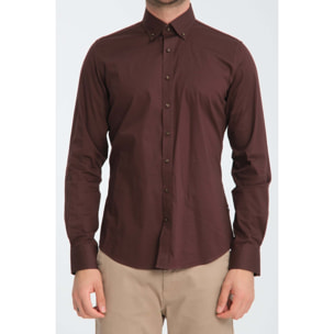 camicia uomo 1 bottone button down slim Popeline Stretch Unito Marrone