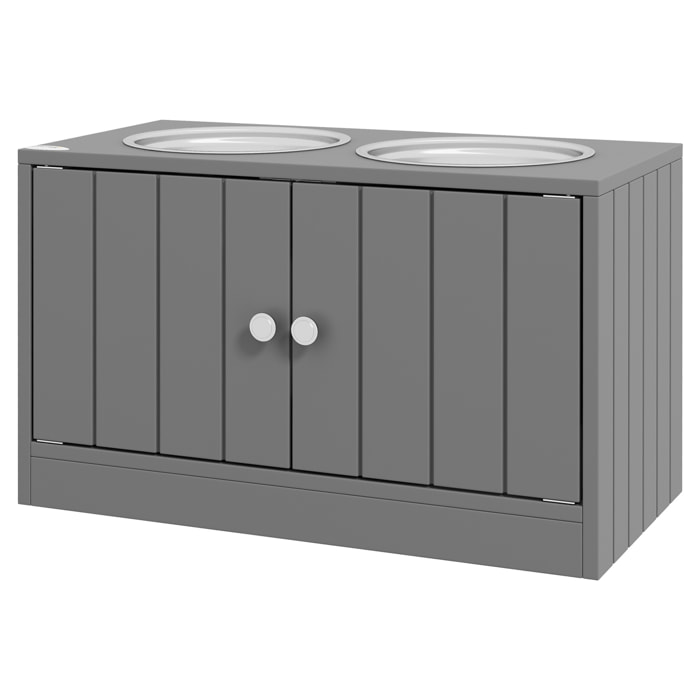 Gamelle double chien chat - porte-gamelles surélevé armoire 2 en 1 - 2 portes, 2 gamelles - acier inox. MDF gris