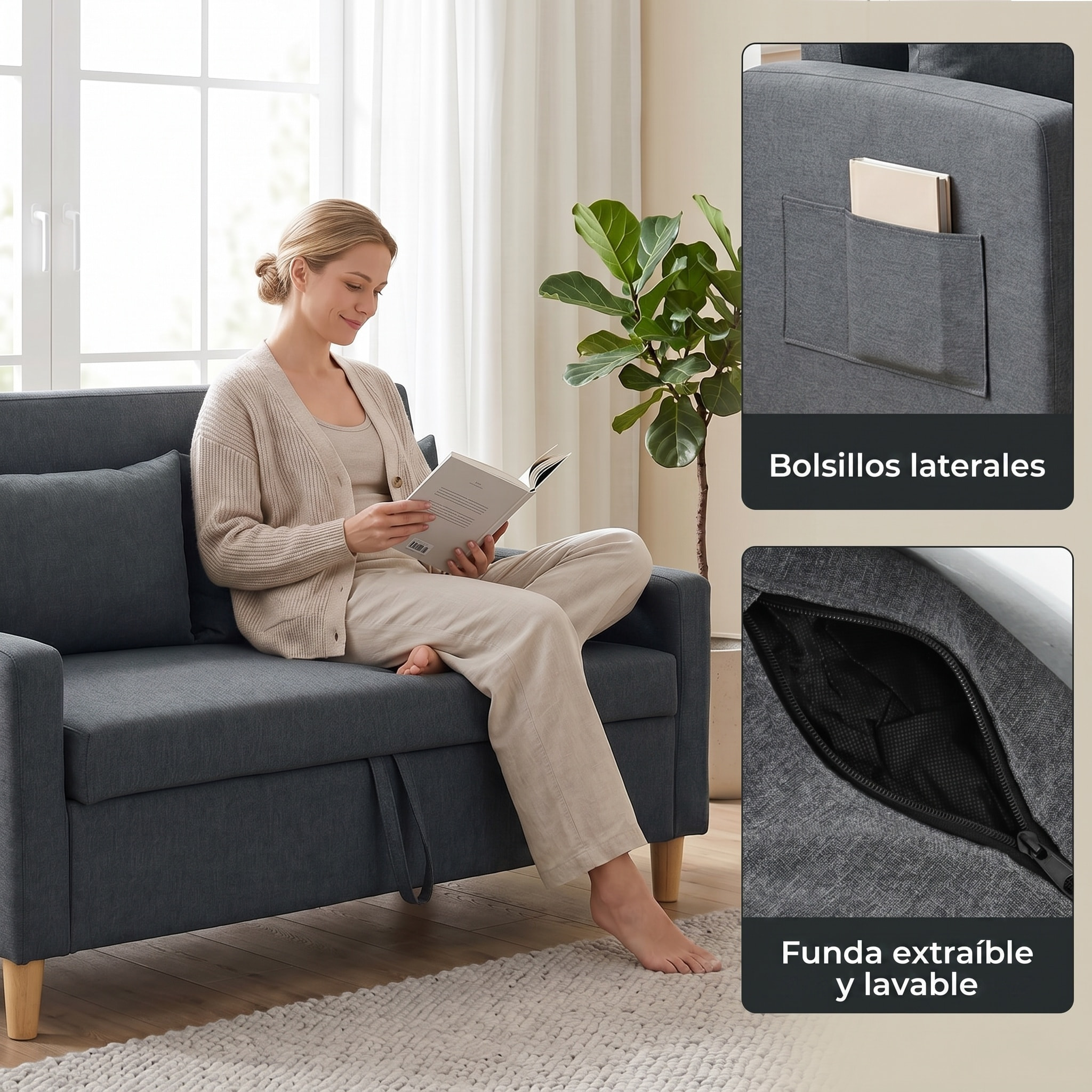 HOMCOM Sofá de 2 Plazas Tapizado en Lino Sintético con Espacio de Almacenamiento, Sofá Moderno con 2 Almohadas, Bolsillo y Patas de Madera, Carga 240 kg para Dormitorio, Salón 135x71x84 cm Gris Oscuro