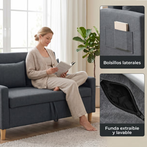 HOMCOM Sofá de 2 Plazas Tapizado en Lino Sintético con Espacio de Almacenamiento, Sofá Moderno con 2 Almohadas, Bolsillo y Patas de Madera, Carga 240 kg para Dormitorio, Salón 135x71x84 cm Gris Oscuro