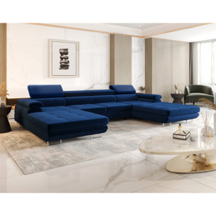 Ayden - Canapé panoramique en U 7 places convertible avec coffre et têtières réglables en tissu - Bleu