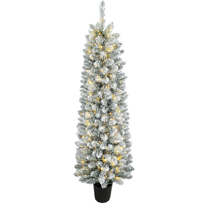 Árbol de Navidad Nevado con 150 Luces LED, 150 cm, Árbol de Navidad, 8 Modos, 250 Ramas, Base Tipo Maceta, Verde y Blanco