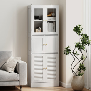 Armario de Baño Alto, Columna de Baño Estrecha con Puertas de Vidrio, Puertas de Lamas, Estantes Ajustables, 60x30x170 cm, Blanco