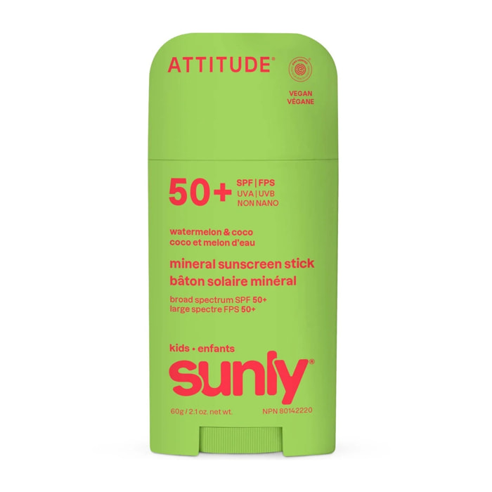 Mineral sunscreen Stick Face & Body Kids SPF 50 watermelon coco Attitude Sunly 60 g