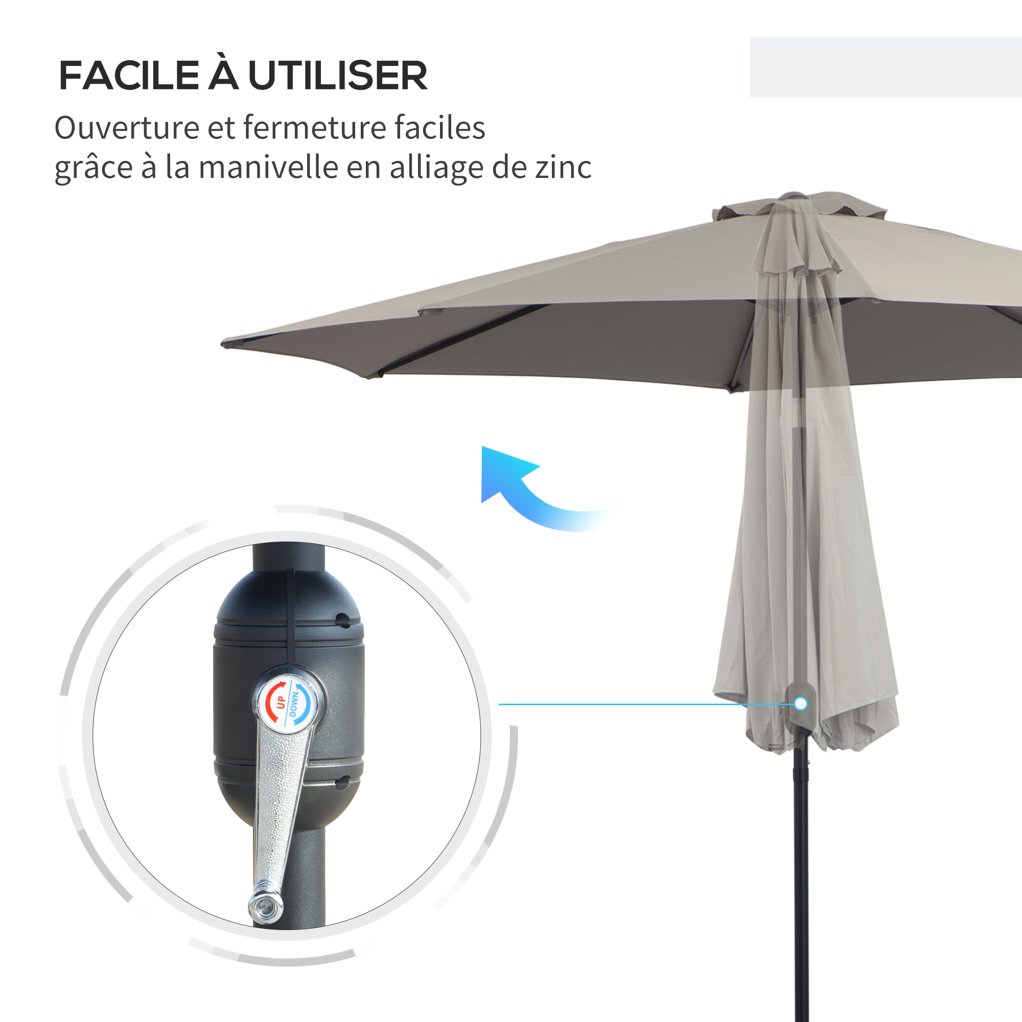 Parasol droit Ø3 m – Inclinable – Ouverture à manivelle