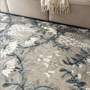 GARDEN - Tapis d'intérieur / extérieur à motif floral bleu, gris, blanc