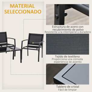 Outsunny Conjunto de Muebles de Jardín 4 Piezas Muebles Jardín Exterior con 2 Sillones 1 Sofá de 2 Plazas y Mesa de Centro con Tablero de Vidrio Templado Negro
