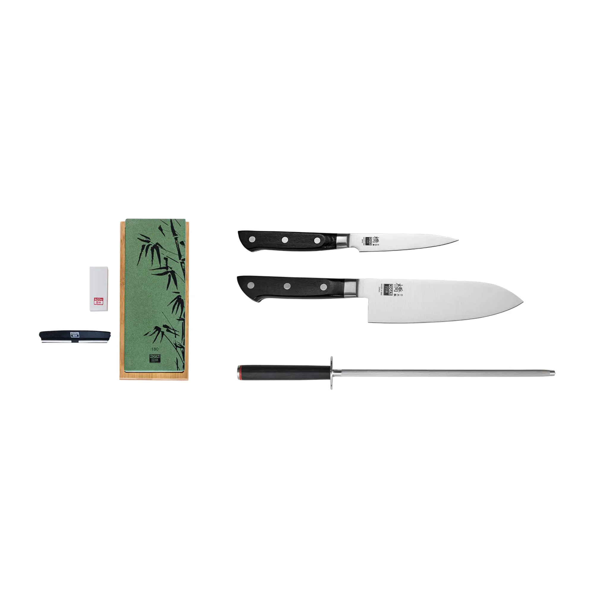 Il Set Base Deluxe: 2 coltelli (ufficio + santoku) + set per affilatura grana 180/800 + acciaino per affilare