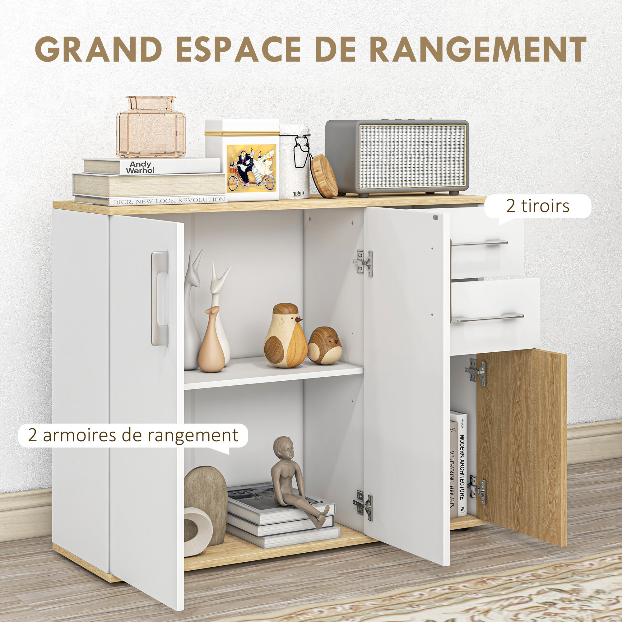 Buffet rangement 3 portes étagère 2 tiroirs coulissants panneaux aspect bois clair blanc