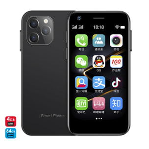 DAM Smartphone  Mini XS12 4G, Android, 4GB RAM + 64GB. Schermo da 3''. Doppia scheda SIM. 4,5x1,1x8,9 cm. Colore nero