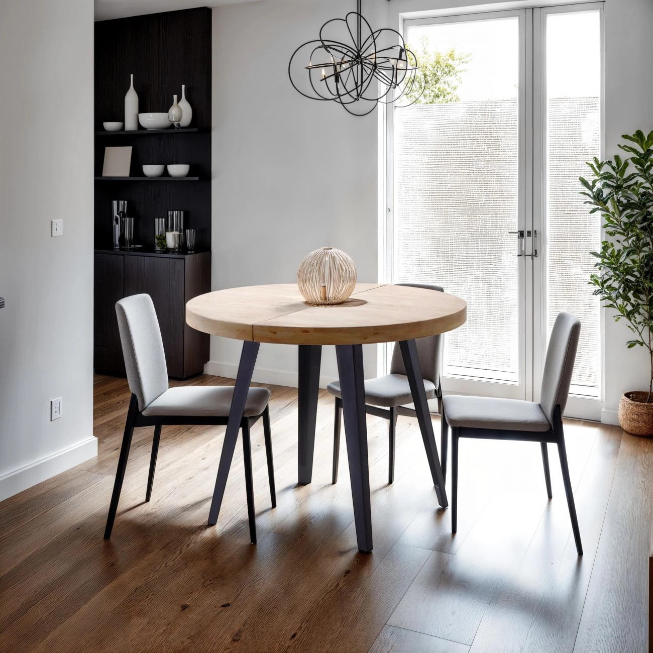 Mesa de comedor redonda extensible en negro y roble 120-200x120 cm Berg Negro - Roble