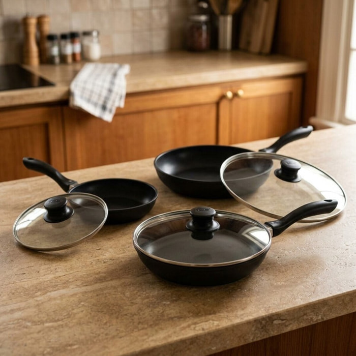 Set de 3 poêles et 3 couvercles sans PFAS Elo Alucast