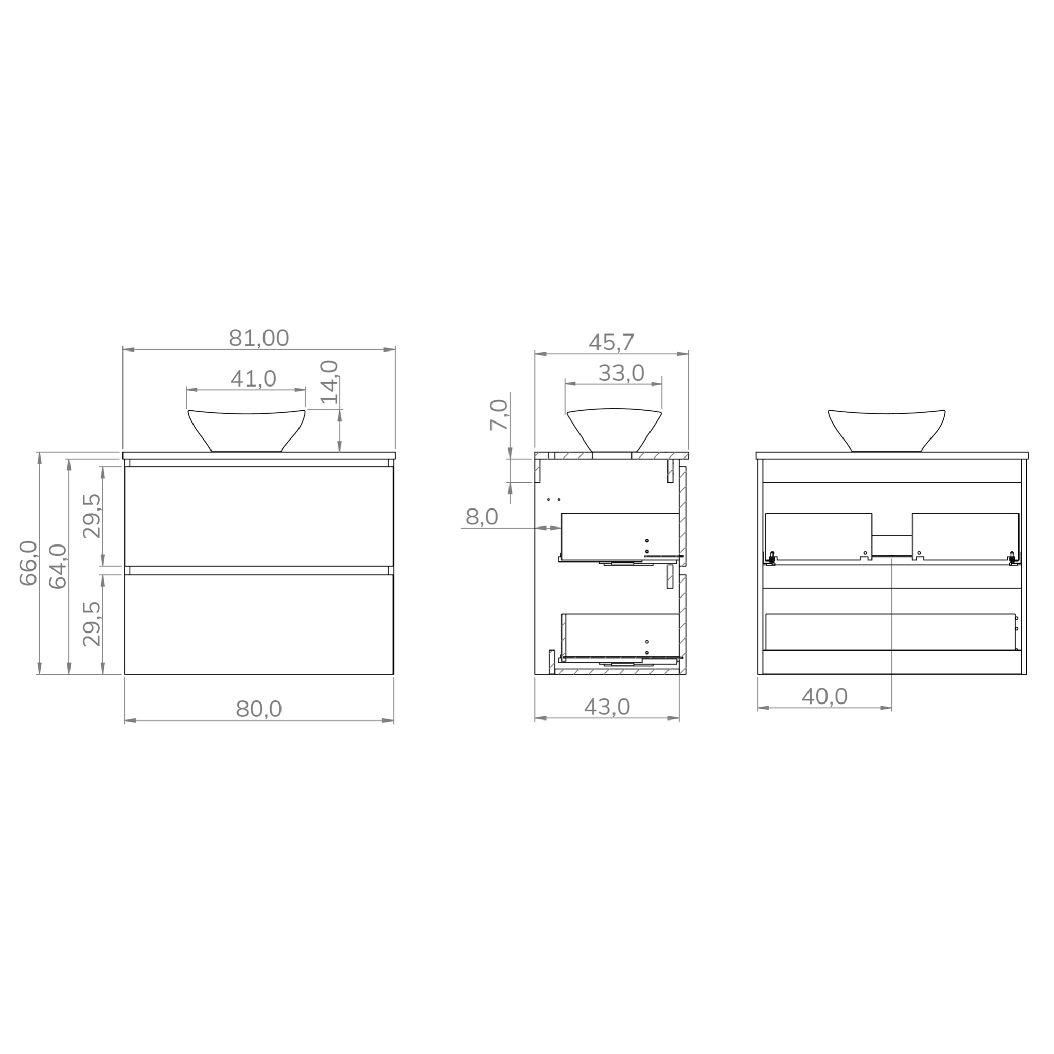 Yinu Salle de Bain | 80 cm Blanc - Solomon | Deux Tiroirs | avec Lavabo sur Plan | N'inclut pas le Miroir | Alday
