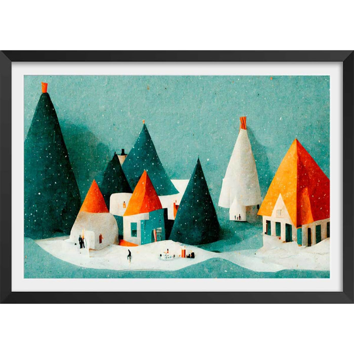 Affiche enfant petit village de neige  Affiche sous cadre noir
