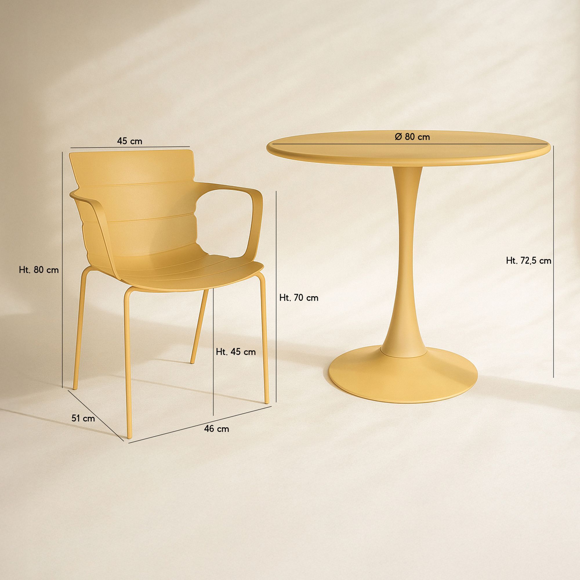 Ensemble de repas table et 4 fauteuils en polypropylène ocre MONTAUK